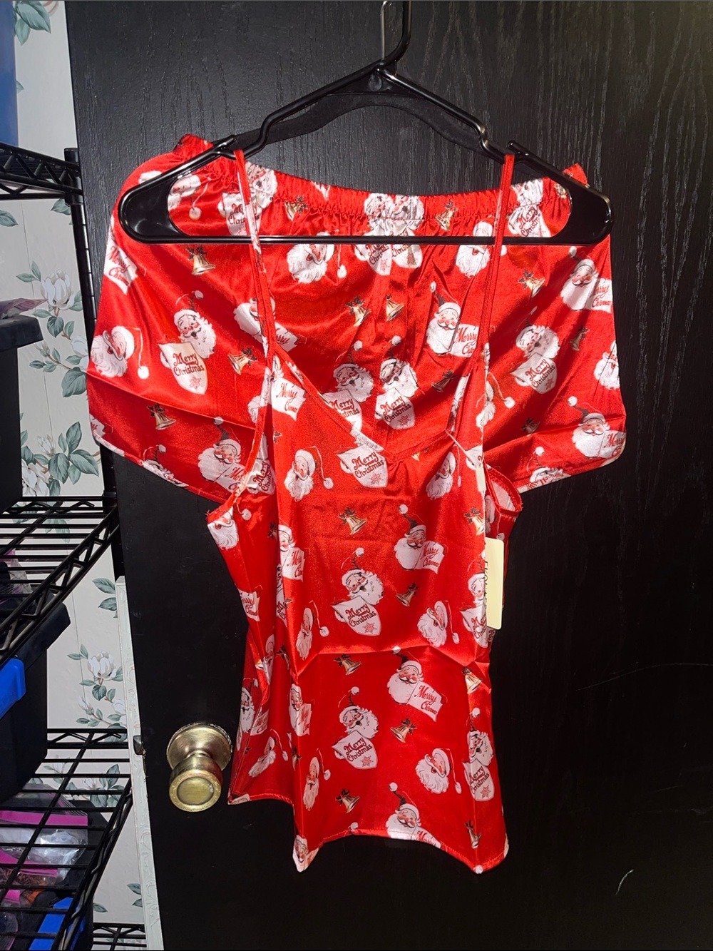 Women's Red Satin Santa Print Chemise Nightdress